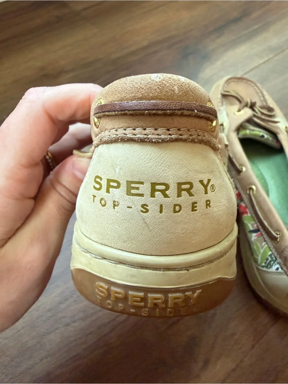 Sperry Tan Leather Boat Shoes with Floral Side Panel